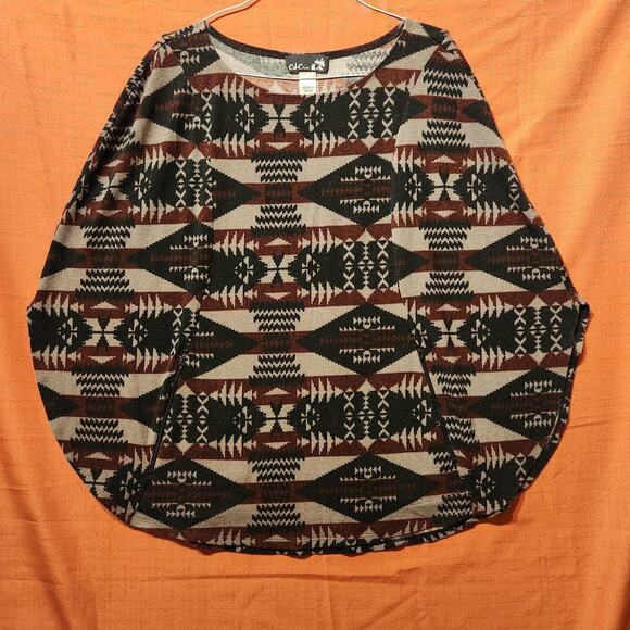 Womens 1X/2X Aztec Black Red Sweater Poncho Cape Boho Top - Picture 6 of 6
